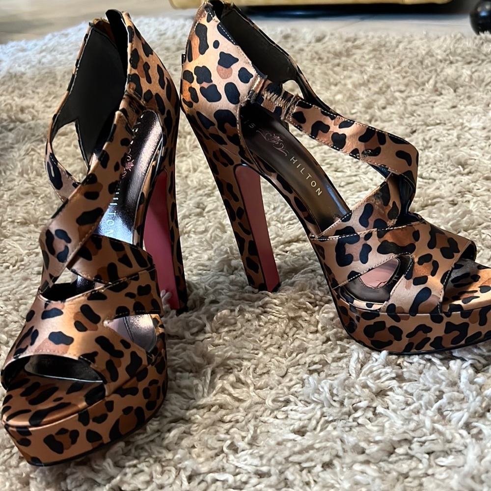Paris Hilton leopard heels with pink bottoms